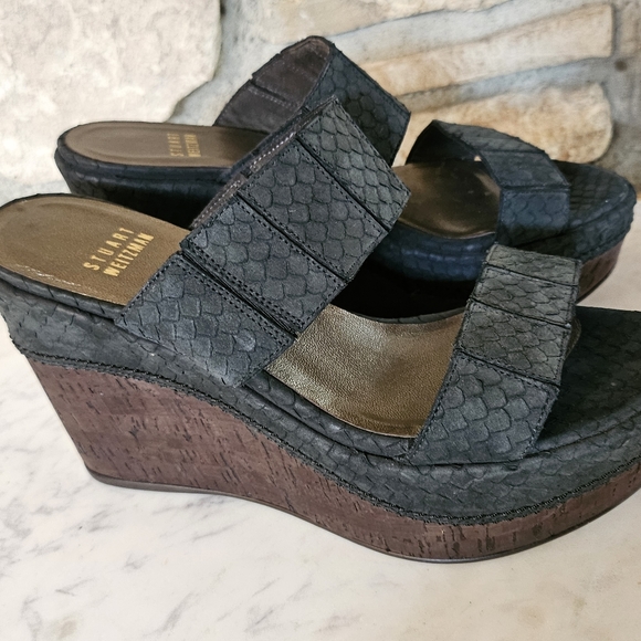 Stuart Weitzman Black Reptile Pattern Upper Cork Wedge Slide Sandals  Size 6M - Picture 6 of 14